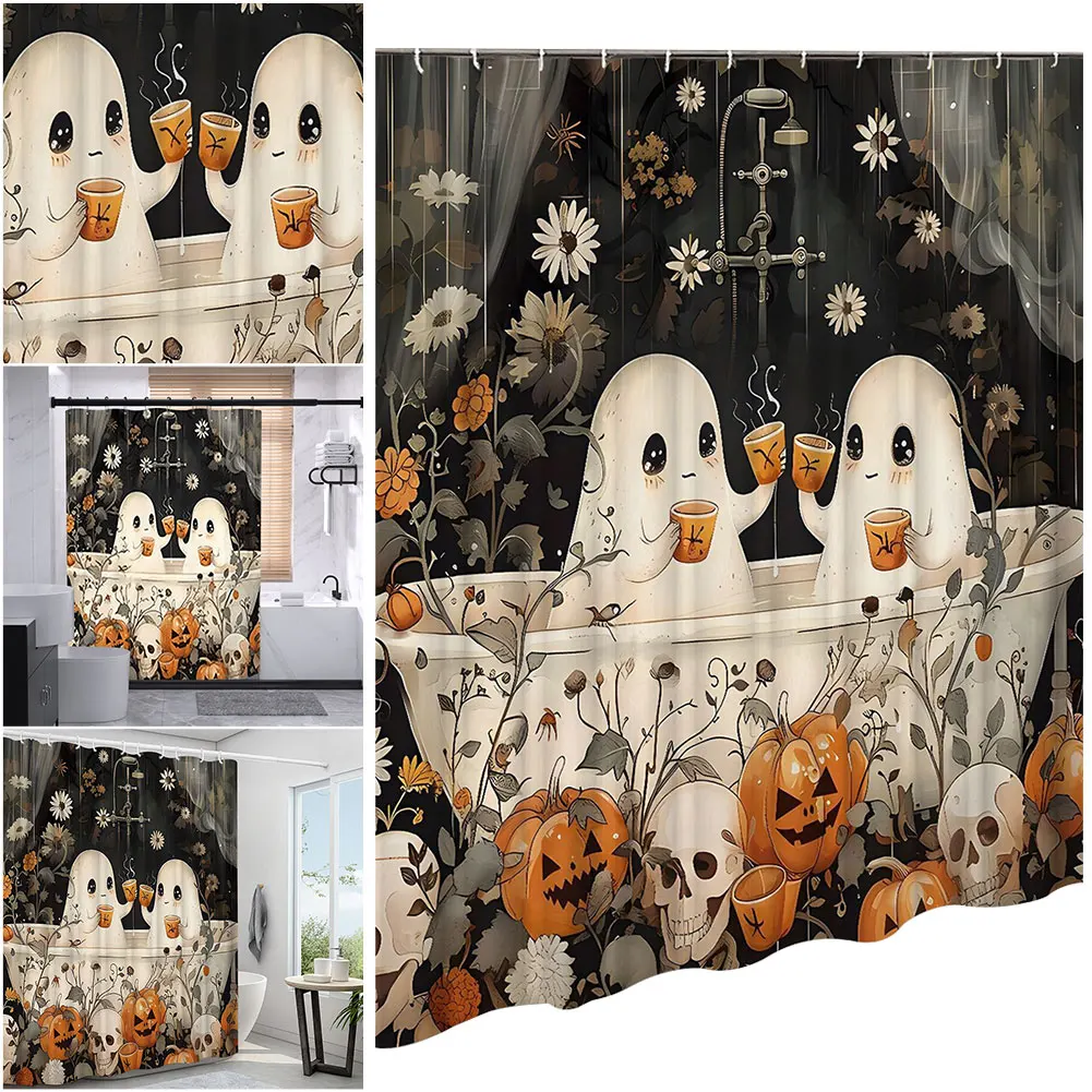 Cute Cartoon Ghost Halloween Bathroom Curtain Polyester Fabric Bathtub Curtain Spooky Bathroom Curtain for Bathroom Decorations