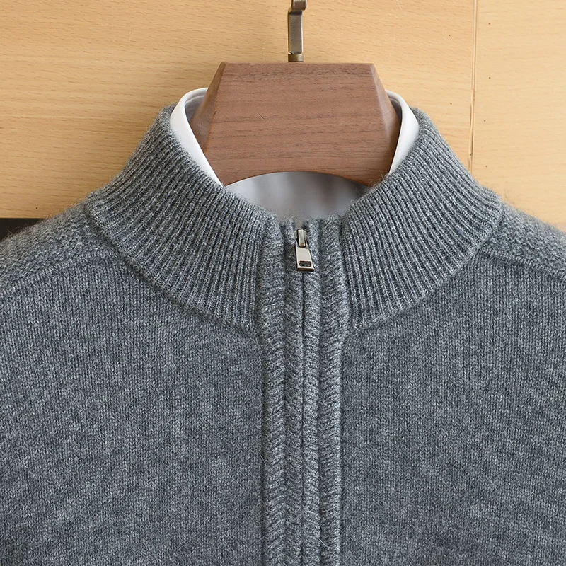Thickened pure cashmere sweater, men's zipper, half high neck, middle-aged solid color pullover, casual and warm sweater