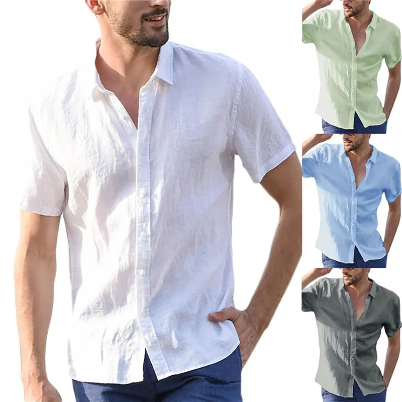Hot Sale Men\'s Short-Sleeved Shirts Cotton Linen Summer Solid Color Turn-down Collar Quick Drying Casual Beach Style Plus Size