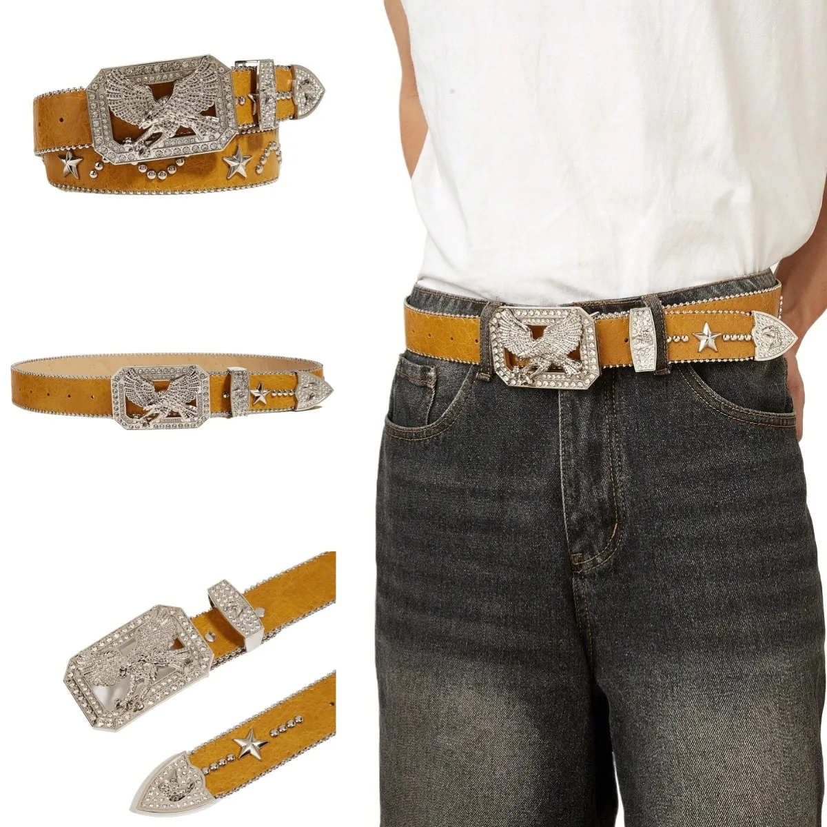 1pc Herren Gelb Y2k Punk Strass Adler Schnalle Nieten Gürtel Jeans Vielseitig Dekorative Gürtel