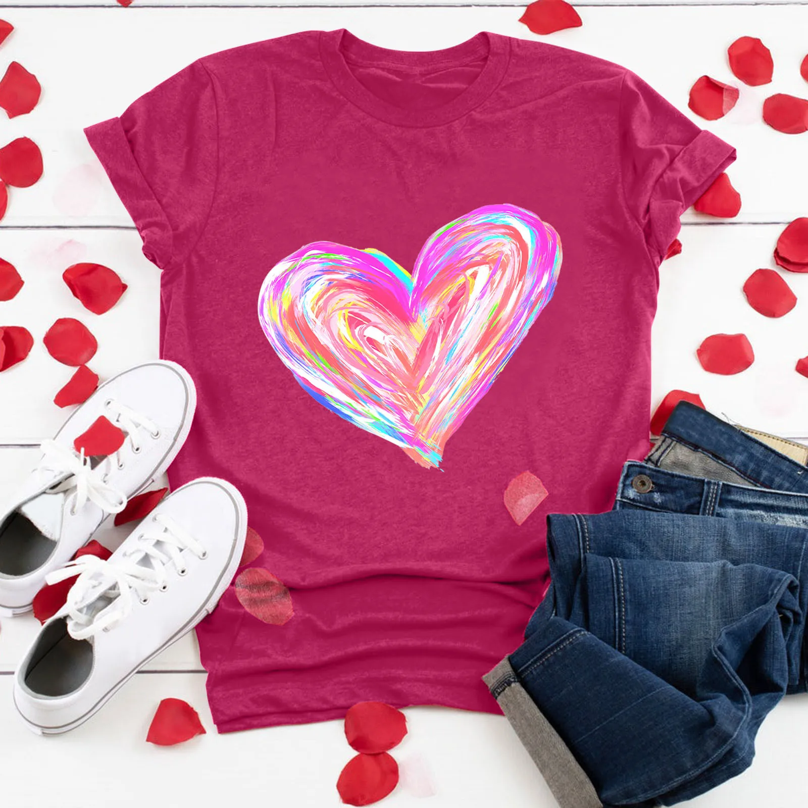 

Футболка женская с круглым вырезом, коротким рукавом и принтом на День святого Валентина