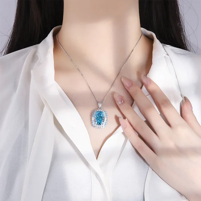 Fashionable temperament S925 silver high carbon diamond jadeite blue gemstone 13 * 18 pendant necklace wedding jewelry wholesale