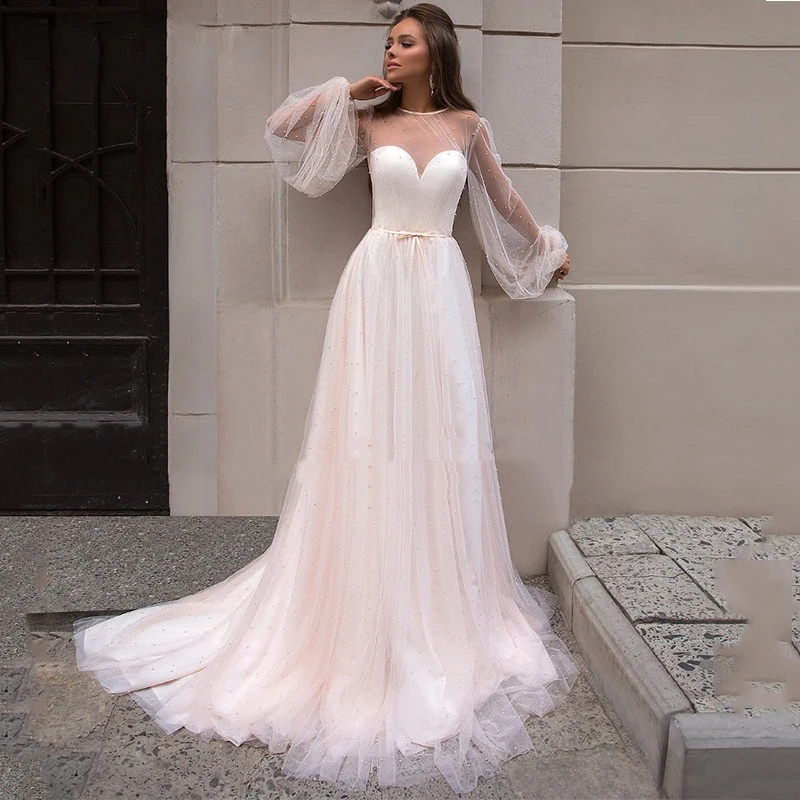 

Очаровательное Пышное ТРАПЕЦИЕВИДНОЕ фатиновое сексуальное прозрачное платье до пола с длинным рукавом и высоким воротником открытая спина свадебное платье принцессы