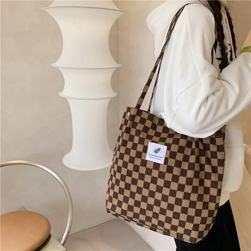 

Women Retro Corduroy Shoulder Bag Checkerboard Pattern Canvas Handbags Casual Cloth Tote Bags Female Shopping Travel Book Bag