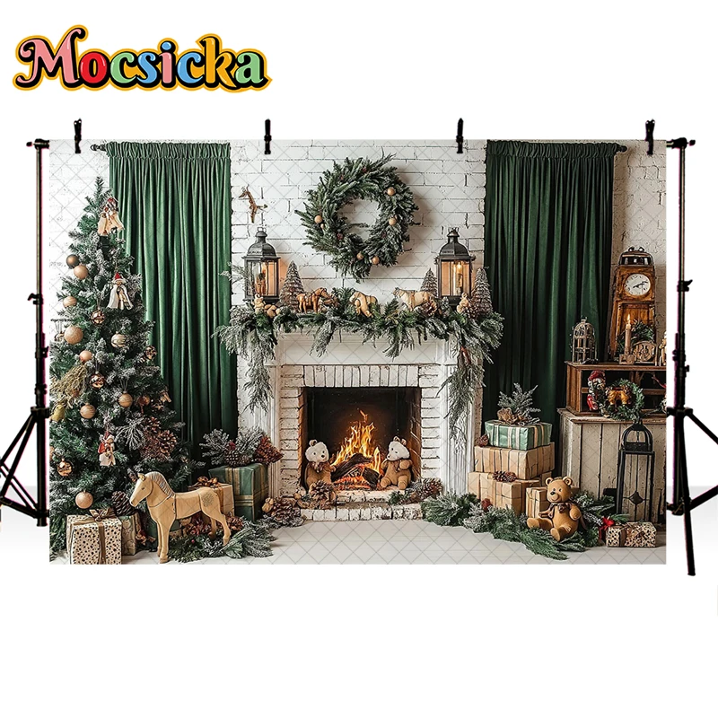 Mocsicka  Christmas Backdrop White Trees Mirror Fireplace Silver Candles Lantern Wooden Floor Beige wall Background Photo Studio