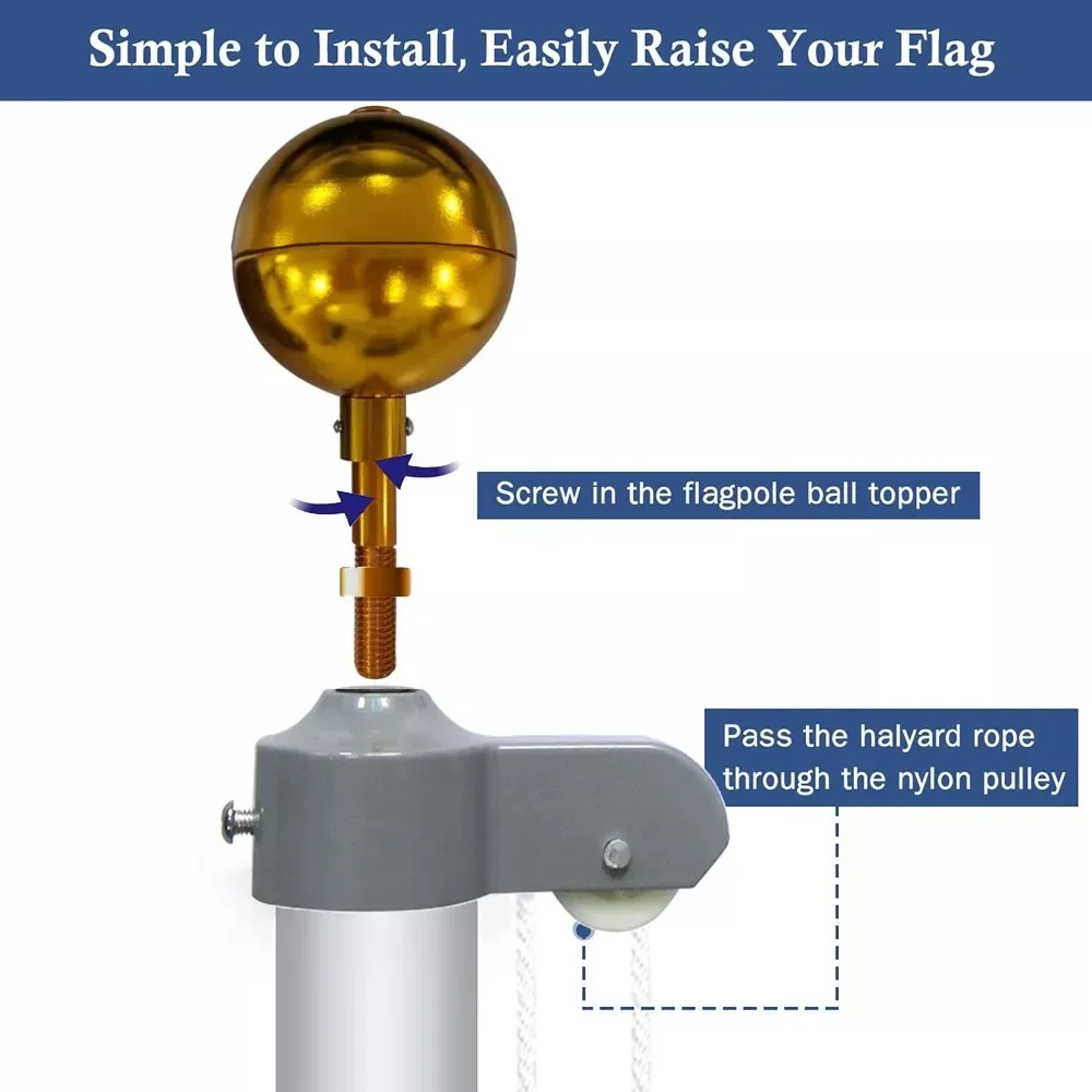 Aluminum Alloy Flag Pole Tool Set Nylon Braided Rope Upgrade Hardware Repair Kit Cleat Hook 3 Inch Golden Ball