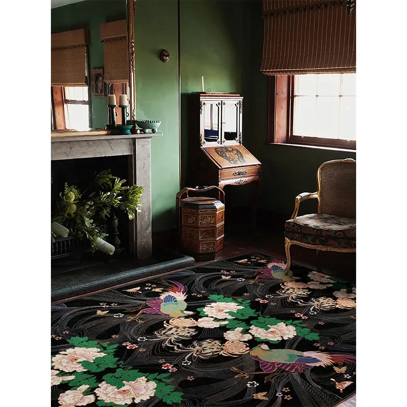 Light Luxury Living Room Carpet Black Flower Bird Retro High-end Bedroom Rug Fashionable Large Area Coffee Table Floor Mat Ковер