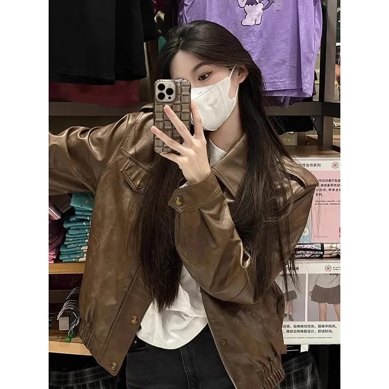 Fat mm American Retro PU Leather Coat Women's 2023 Autumn 2-300 kg Loose Motorcycle Jacket Cardigan ins Commuter Solid Button