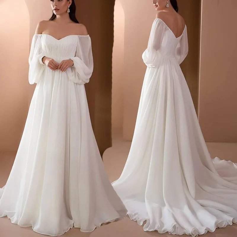 

Women White Wedding Party Dress Off-Shoulder Puff Long Sleeve Ruched Elegant Prom Dresses Backless New Floor Length Evening Gown