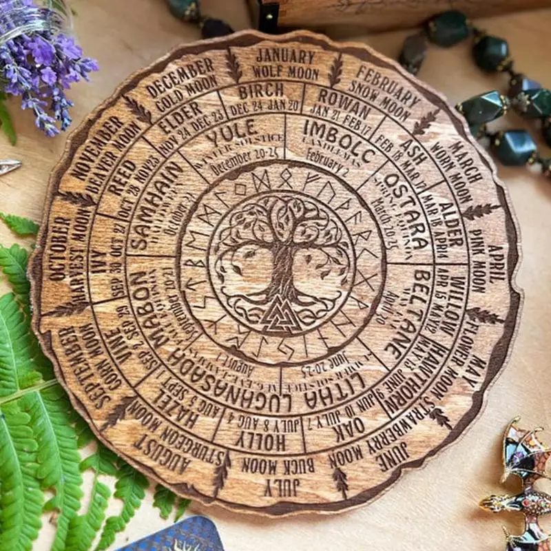 Rueda Del Año Pagana De Madera - 30 Cm, Diseño Nórdico Con Nudos Y Runas Para Altar, Decoración Vintage Hecha A Mano