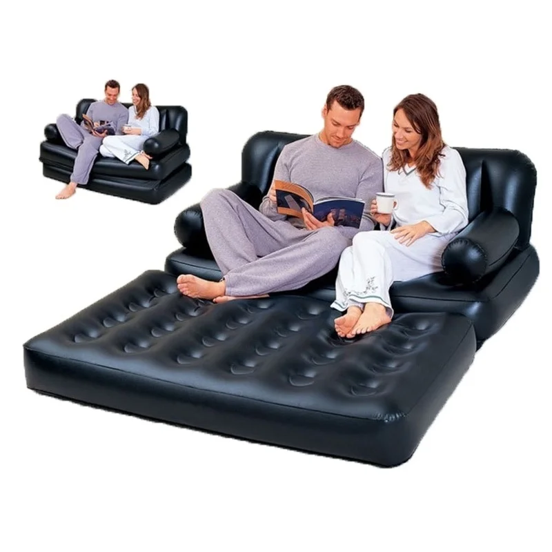 

Double Folding Portable Inflatable Sofa Twin Bed Lazy Flocking Queen Size Bed Mattress Black PVC Max 5 In 1 Air Couch Lounger