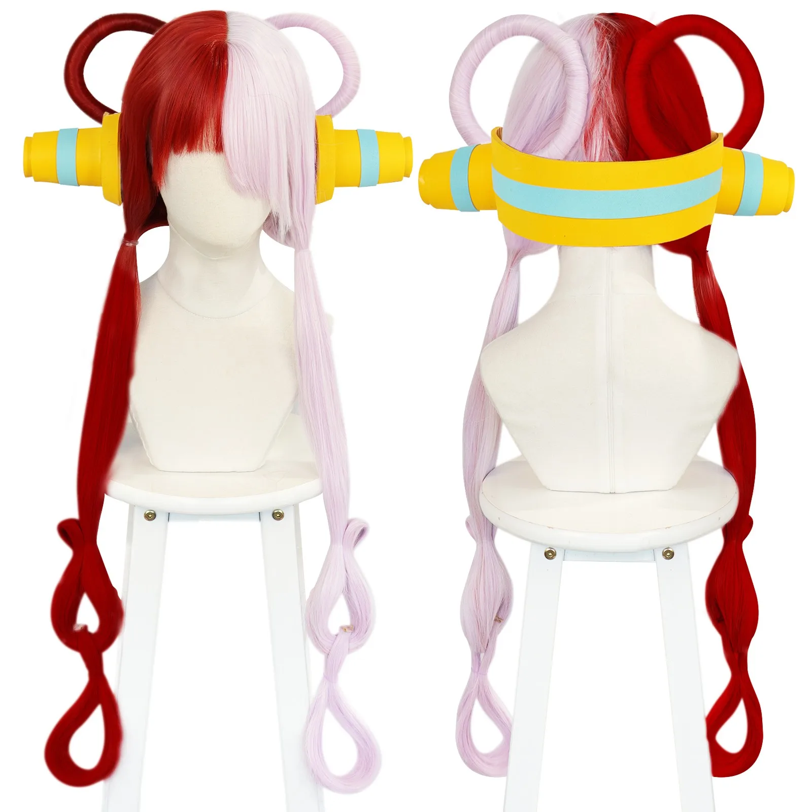 Anogol Synthetic Anime One Piece Film Red Cosplay Wig 90CM Long Half Red And Pink Straight Hair Machine Made for Halloween Party