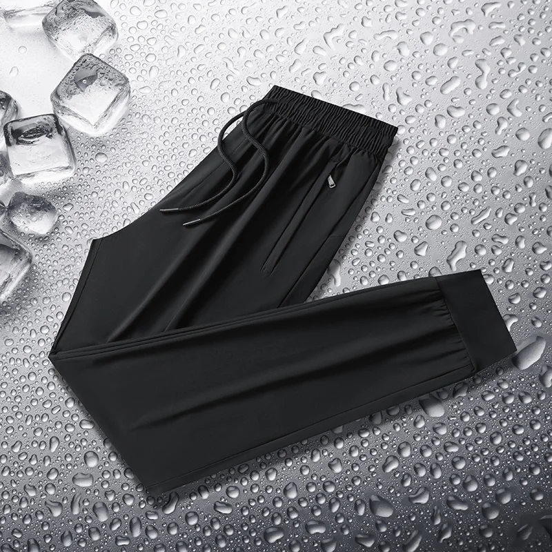 Simple Summer Solid Color Thin Ice Silk Men's Pocket Drawstring Elastic Waist Sports Pants Outdoor Casual Ankle Length Pants