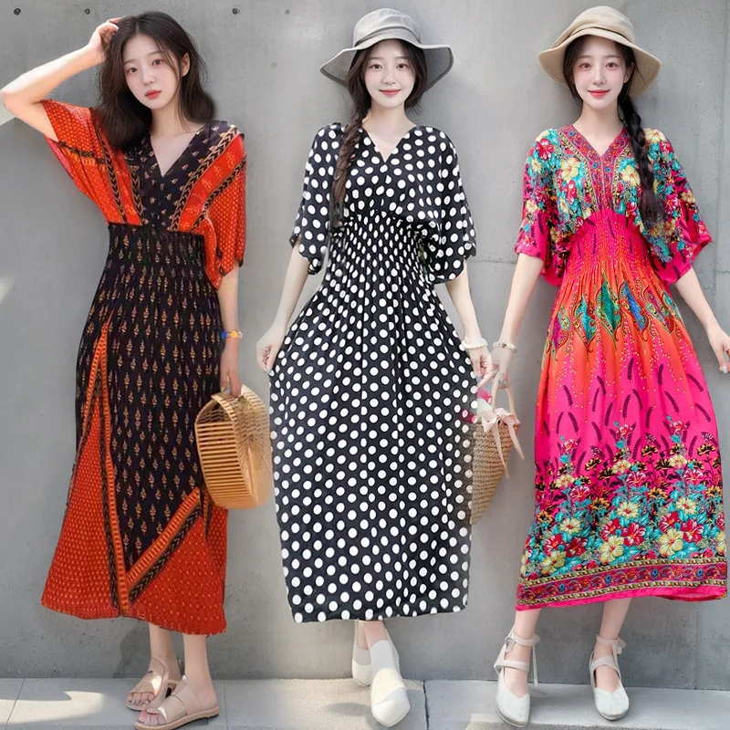 Thai Style Cotton Silk V-Neck Short Sleeve Dress Women Summer Floral Print Countryside Skirt Holiday Outfit Loose Fit Maxi Dress - Image 3