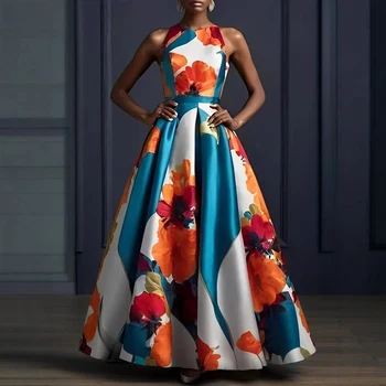 Women Elegant Floral Printed Dress Sleeveless Crew Neck Maxi Evening Dress 2025 New Summer High Waist Slim Party Wedding Dresses 1