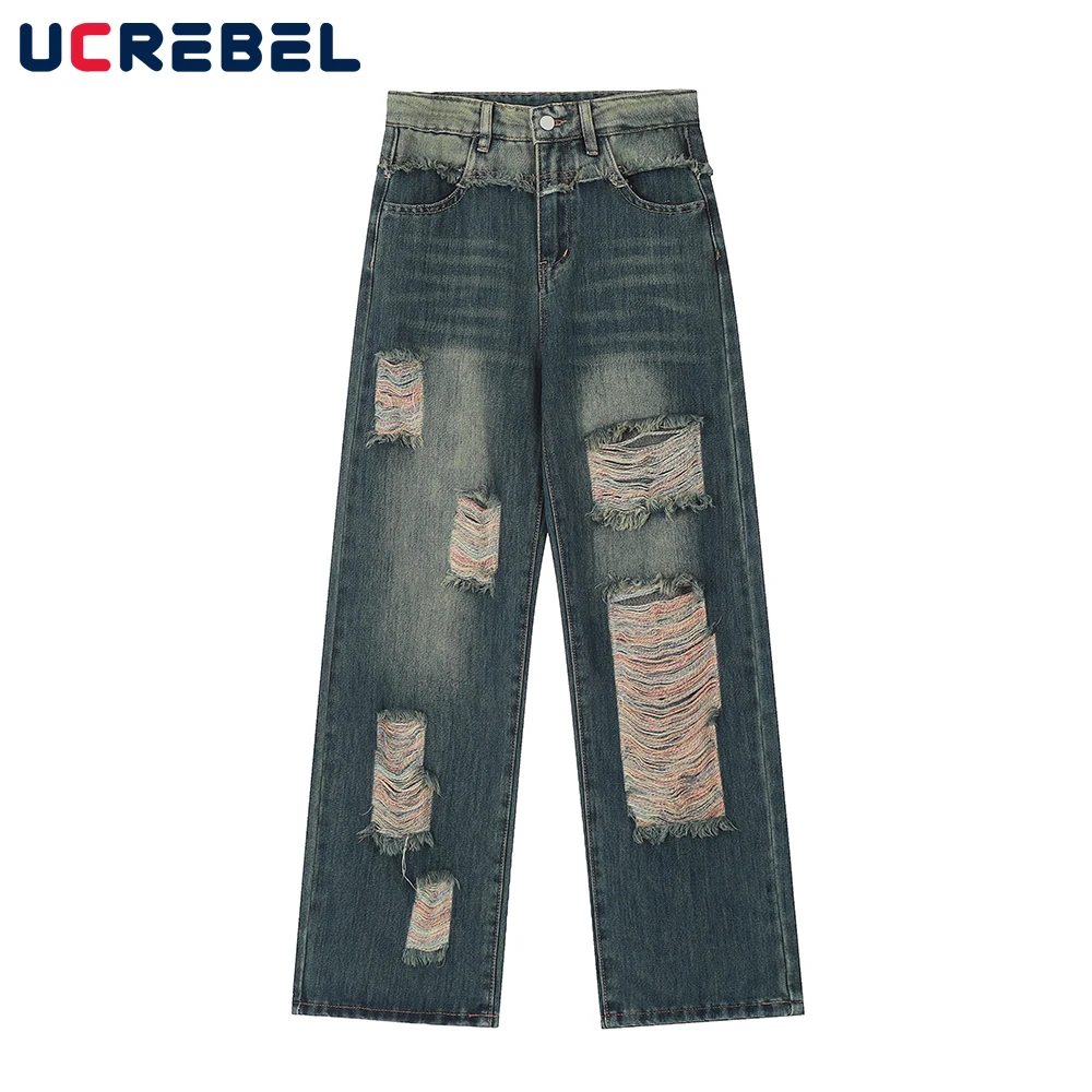 

Washed Raw Edge Loose Denim Pants Mens High Street Ripped Hole Wide Leg Pants Men Jeans