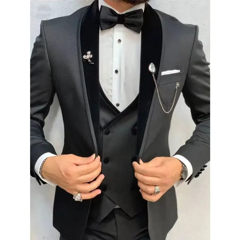 

Dark Grey Men Suits Shawl Lapel Single Breasted Formal Blazer Wedding Groomsmen Elegant Full Set 3 Piece Jacket Pants Vest 2024
