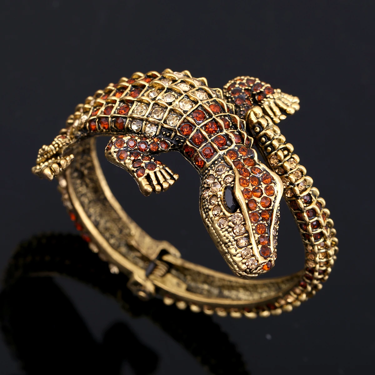 Beautiful Vintage Crocodile Bangle in Antqiue Gold Color
