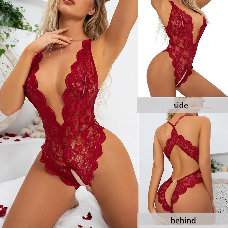 Women's Sexy Lace Lingerie Set Deep V Transparent Bodysuit Dress