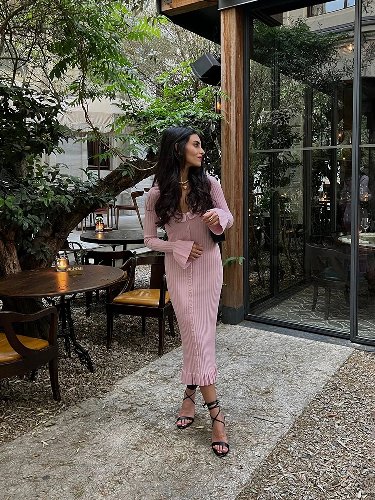 Ruffled Knit Long Dress For Women Lapel Slim High Waist Single Breasted Sweater Maxi Dress Elegant Ladies Party Dresses