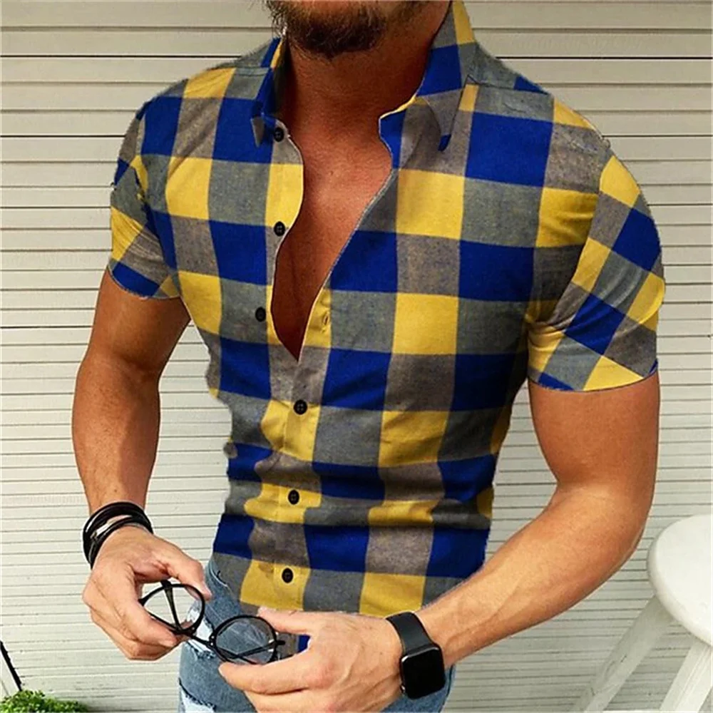 Men's retro plaid short sleeved flip collar printed shirt for street leisure and high-quality vacation designer clothing 5