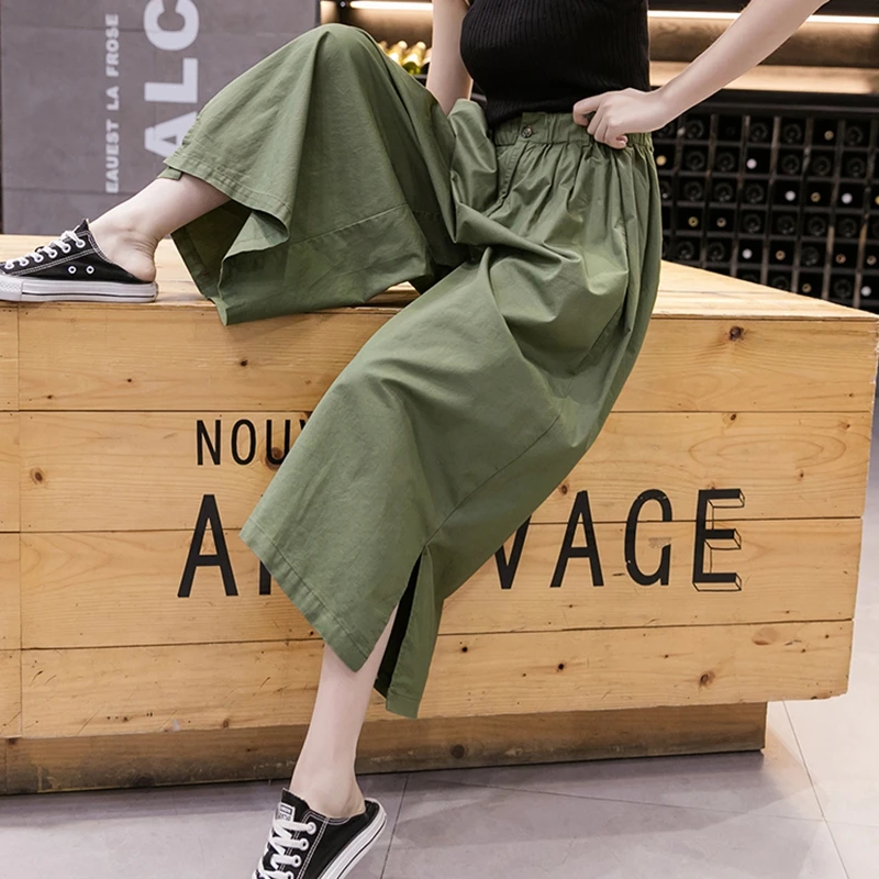 Cropped Pants Khaki Wide Legs | Wide Pants Korean Style Green