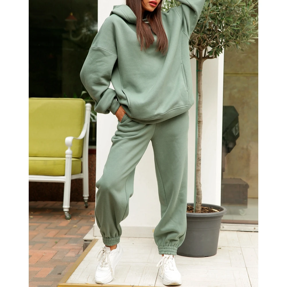 Casual Women Thickened Long Sleeve Hooded Sweatshirt & Drawstring Pants Set Korean Style Sportswear Two Pieces Tracksuit Set yellow kraft paper thickened envelope bag multi specification standard salary bag 100 pieces