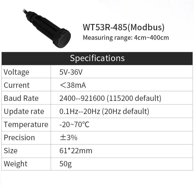 WT53R Time-of-Flight (ToF) Laser Ranging Sensor Module, VL53L1X Distance 400cm, RS485 Modbus/TTL, TOF050F TOF200F image 7