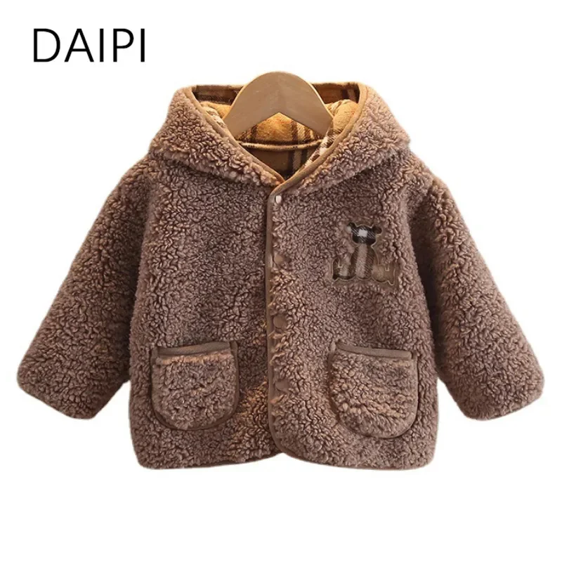 1-5 Year Children's Winter Coat Cartoon Bear Button Hooded Jacket for Boy New Casual Fluff Kids Girl Windbreak Boys Clothes