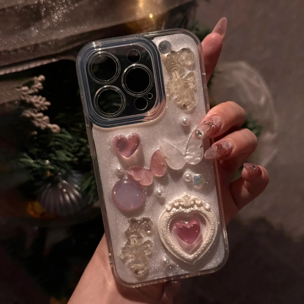 Charming 3D Butterfly Heart Epoxy Phone Case with Luxurious Lens Protection