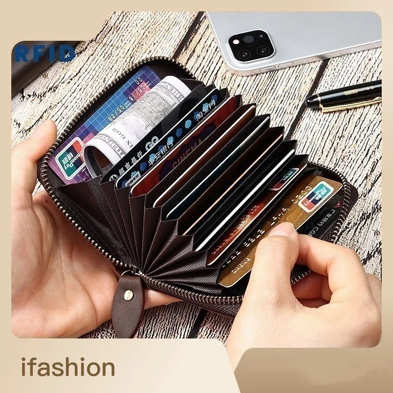 Crazy Horse  RFID Anti Magnetic Card Bag Large Capacity Card Holder Organ Bag Clip Multi Card  Genuine Leather Coin Wallet