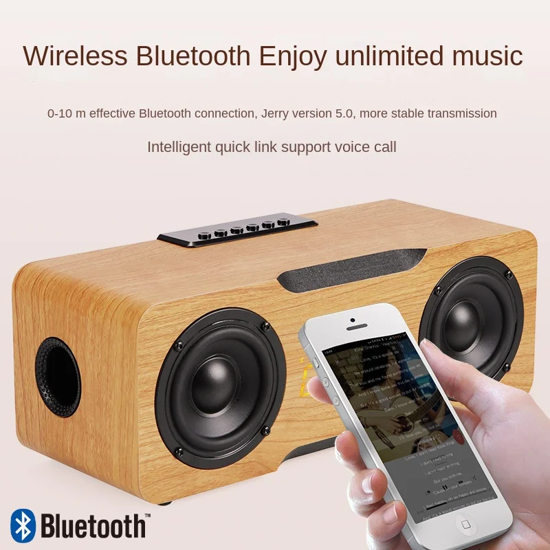 나무 블루투스 스피커 홈 데스크탑 5.0 블루투스 다기능 알람 시계, TF 카드 오디오 HIFI 서브우퍼 사운드 박스, 30W