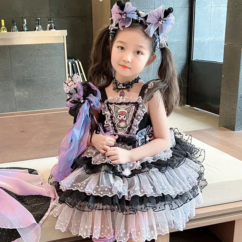 Halloween Sanrio Kuromi Children Dress Cartoon Lolita Princess Dresses Suit Summer Party Sweet Girl Birthday Gifts