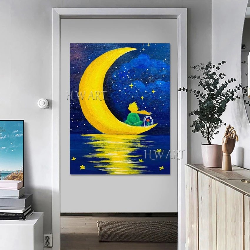 

Pretty Abstract Crescent Moon Oil Painting Frameless Cartoon Art Canvas Picture Yellow Blue Acrylic Design Decoration Wall