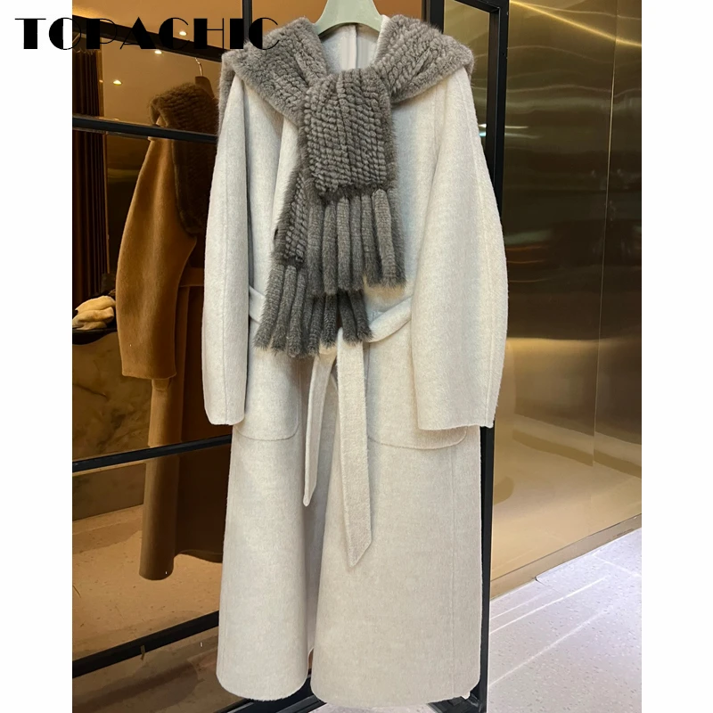 

12.12 TOPACHIC Women's Autumn Winter Double-Sided Cashmere Coat Temperament Soft Keep Warm Mink Scarf Shawl With Belt Outerwear