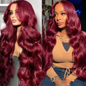 99J Burgundy Body Wave Lace Front Wig Human Hair 13x4 HD Transparent 18 34 Inch Lace Frontal Wigs For Women 1
