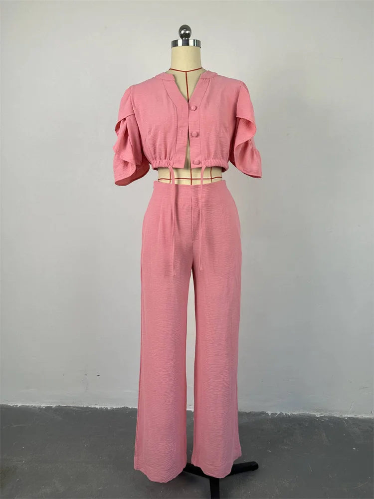 Wmstar Two Piece Set Women Summer Fashion V Neck Flare Sleeve Lace Up Top Wide Leg Long Pants Casual Set Wholesale Dropshipping