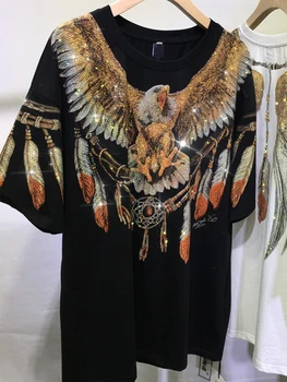 Plus Size Graphic Tees for Women Eagle Rhinestone Printed Tops Loose Fit T Shirts Short Sleeve Oversized Streetwear 1