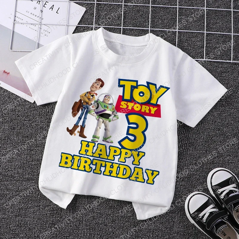 Toy Story Children T-Shirt Birthday 1-12 Woody Buzz Lightyear Disney Clothes Kawaii Anime Cartoons Kids Boy Girl Casual T Shirts 3