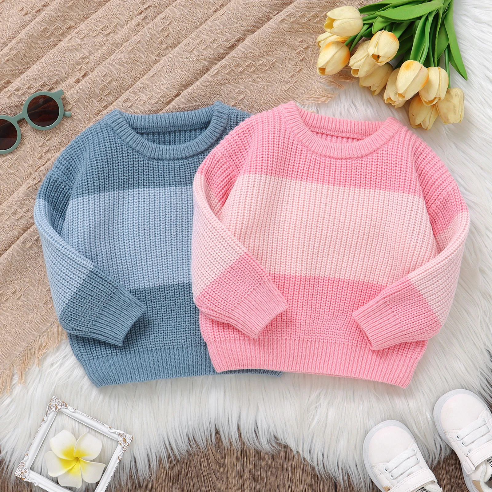 Newborn Baby Knit Sweaters Winter Girls Boys Clothes Long Sleeve Striped Pullover Tops Infant Jumpers Tops