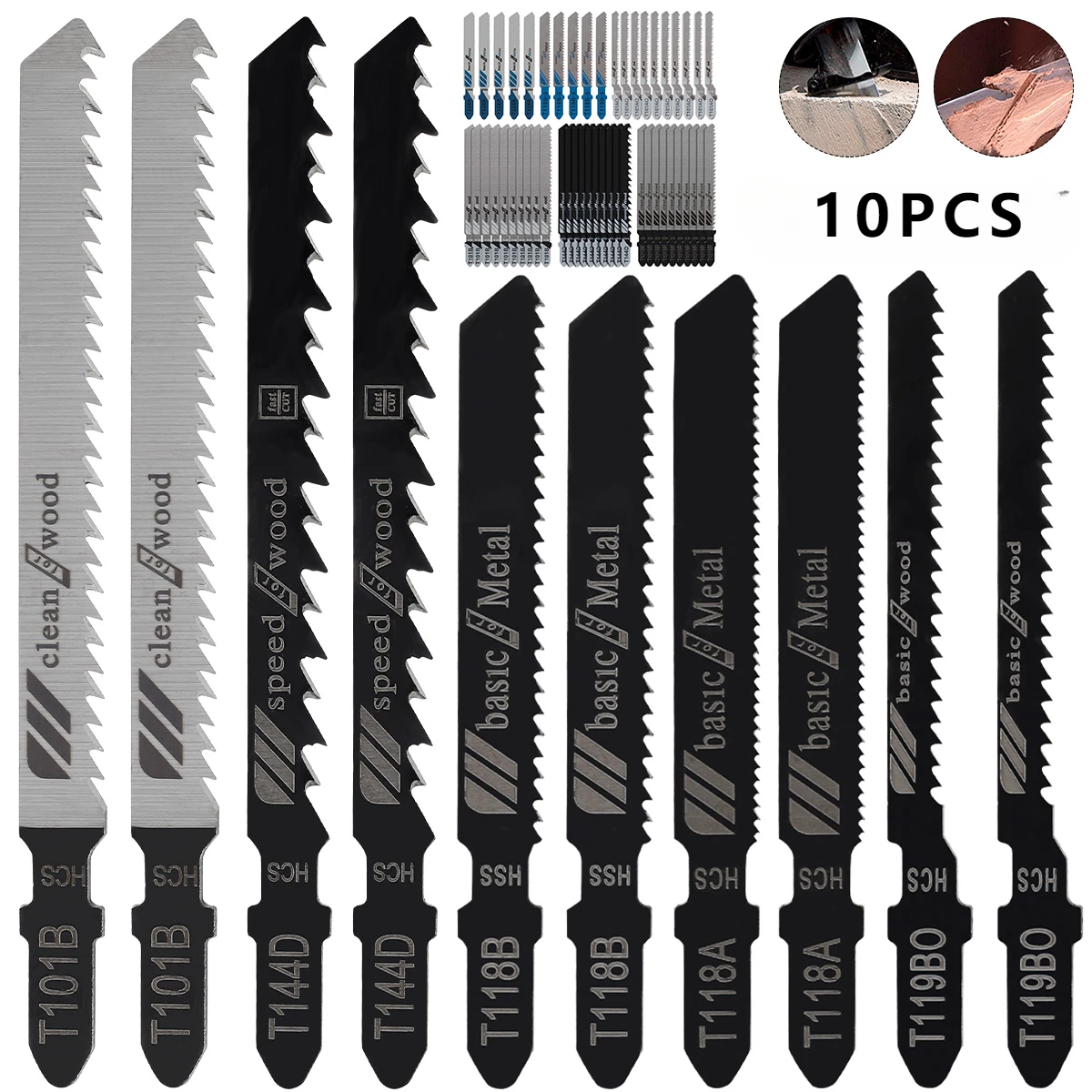 10pcs Jig Saw Blade Set T-shank Jigsaw Blade Wood Thin Metal Cutting Tool for DEWALT/Bosch/Hitachi/Makita/Milwaukee/Metabo