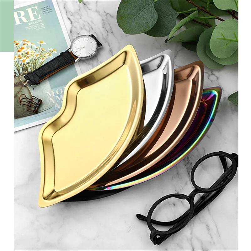 Korean Style 1PC Stainless Steel Lip Shaped Jewelry Storage Tray Home Cosmetics Metal Necklace Earrings Tray Kitchen Organizer 3