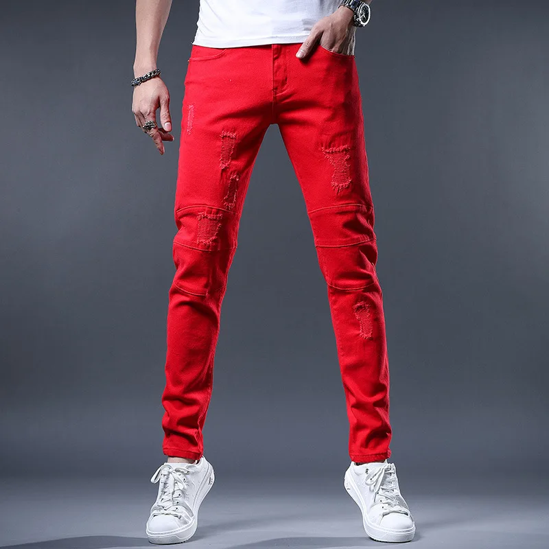Men's Jeans New Yellow Red White Jeans Men Fashion Slim Fit Straight Pants Summer Streetwear Ripped Patch Denim Trousers