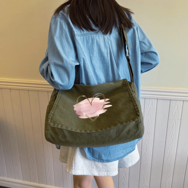 Casual Women's Shoulder Bag Canvas Heart Print Large Capacity for Daily Use Crossbody Messenger Bag