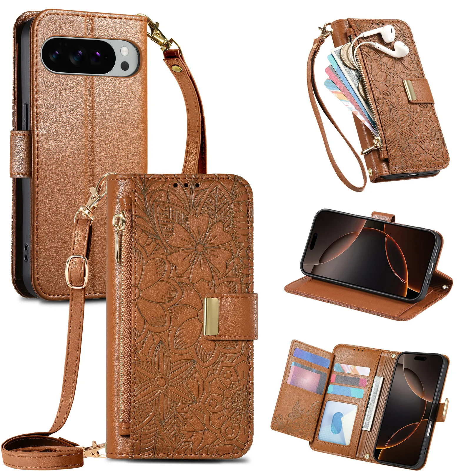 Elegant Crossbody Wrist Strap Leather Flip Wallet Card Holder Phone Case - Enhanced Shockproof Protection