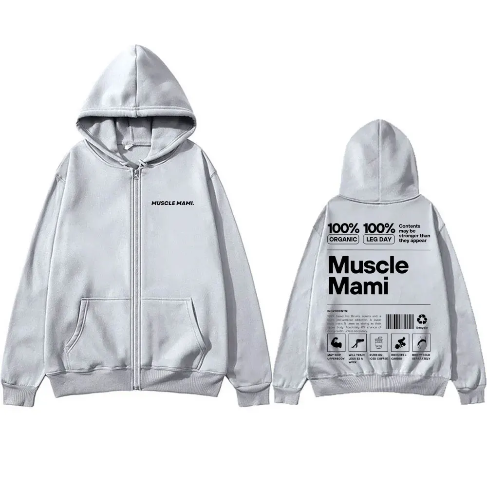 Muscle Mami Meme Zipper Hoodie Funny Powerlifting Fitness Gym Hoodies Men Women Cotton Oversized Zip Up Jacket Unisex Clothes