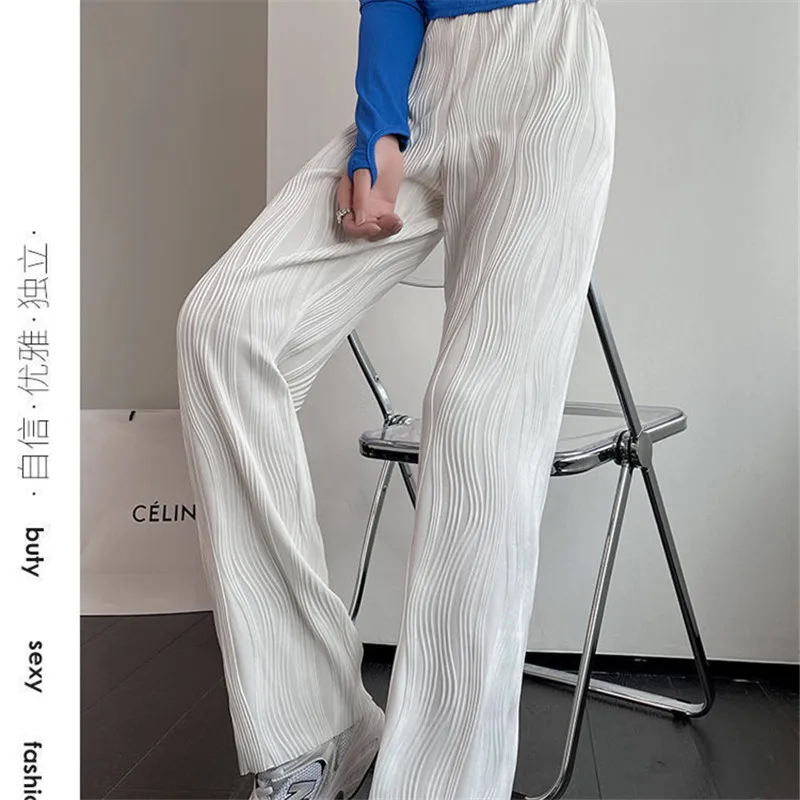 

Blue Water Ripples Ice Silk Pants for Women 2023 Summer High Waist Sag Wide Leg Trousers Women's Straight Stacked Baggy Pants