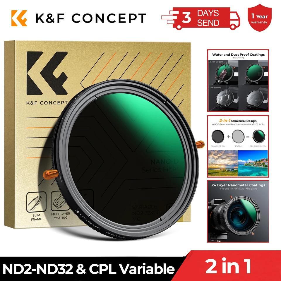 K&F Concept Nano-Xcel 95mm 2 in 1 Polarizing And Variable Filter ND2-32, ND2-32 Neutral Density Filter &CPL Optical Glass Filter With 28 Coating Layers For Camera Lens NO X Spot