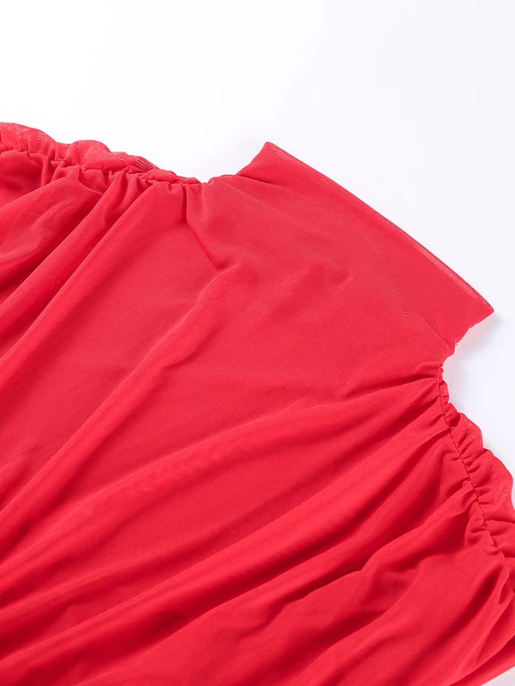 مثير الأحمر مطوي شبكة فستان طويل أحمر انظر من خلال...