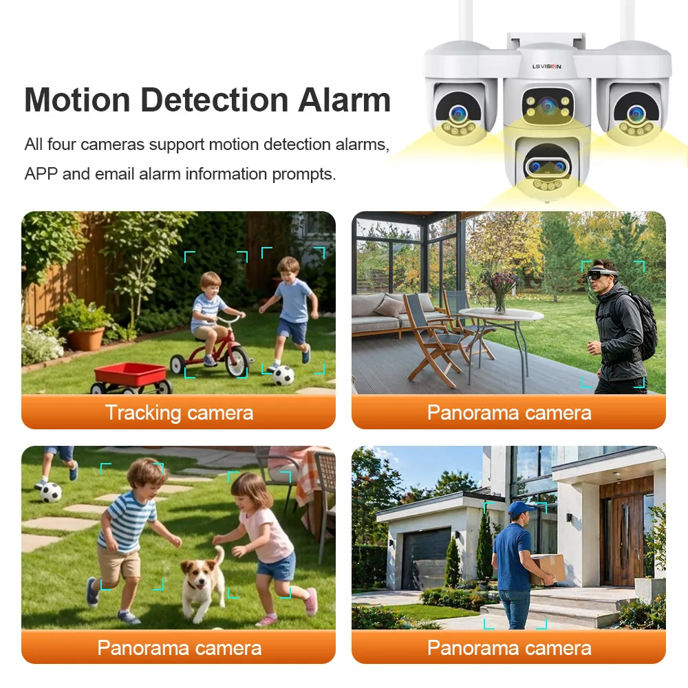 LS VISION 20MP 10X Zoom Four Screens WiFi Security Camera Outdoor 5-Lens Three PTZ Auto Tracking CCTV Camera PC Client Supported 4